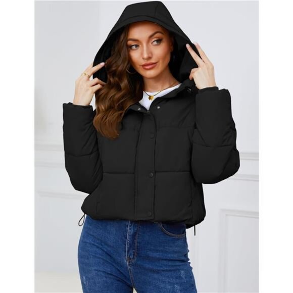 Womens Cropped Puffer Jacket Hooded Zip Up Black - Picture 4 of 6